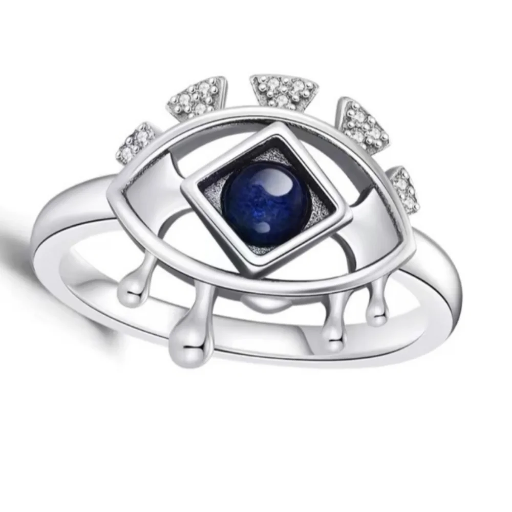 925 Sterling Silver Eye Design Ring with Blue Stone Sz 7